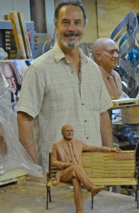 Sculptor Jeff Hall with models for the Caulkins Memorial 