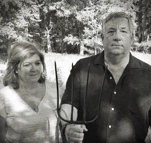 Mike and Sian Pugh in the Meadow he’s defending – an echo of American Gothic?